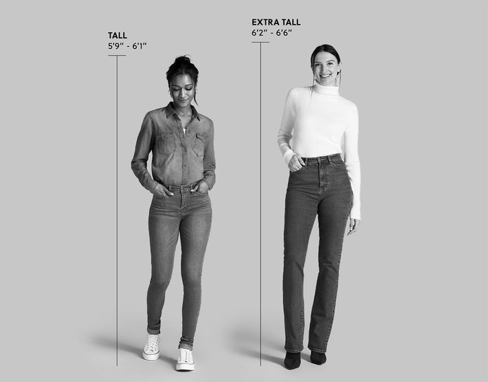 Two tall women standing side by side with one labelled as measuring between 5'9 and 6'1 in height and the other labelled as measuring between 6'2 and 6'6 in height.