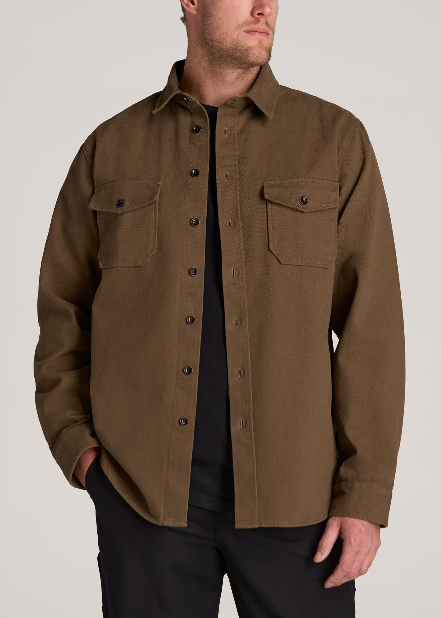 LJ&S Heavyweight Cotton Twill Overshirt for Tall Men in Grizzly Brown
