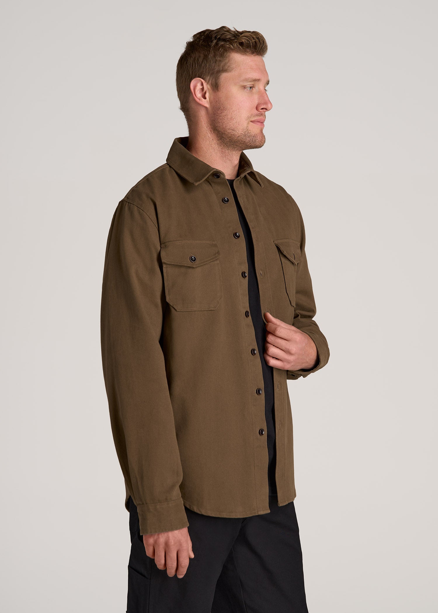 LJ&S Heavyweight Cotton Twill Overshirt for Tall Men in Grizzly Brown