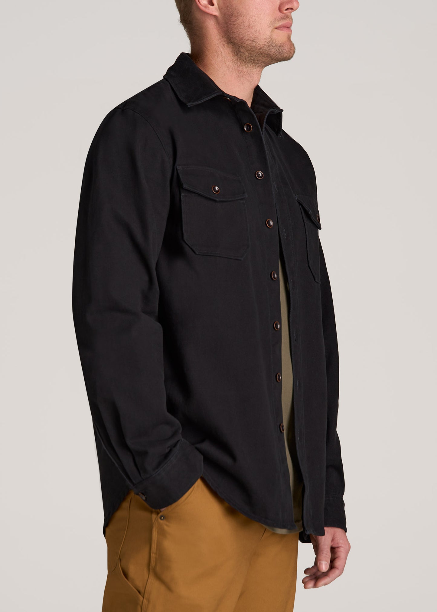 LJ&S Heavyweight Cotton Twill Overshirt for Tall Men in Vintage Black