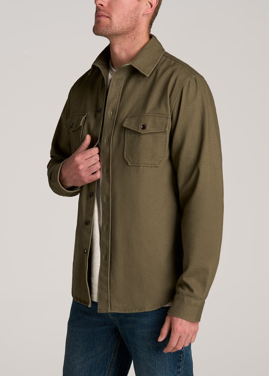 LJ&S Heavyweight Cotton Twill Overshirt for Tall Men in Vintage Moss Green