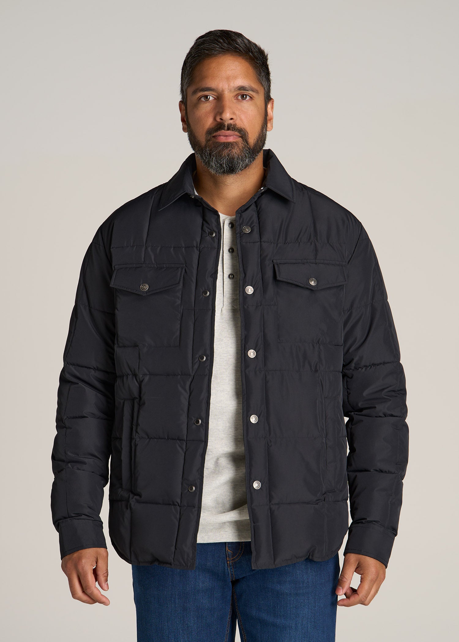 LJ&S Puffer Shirt Jacket for Tall Men in Black