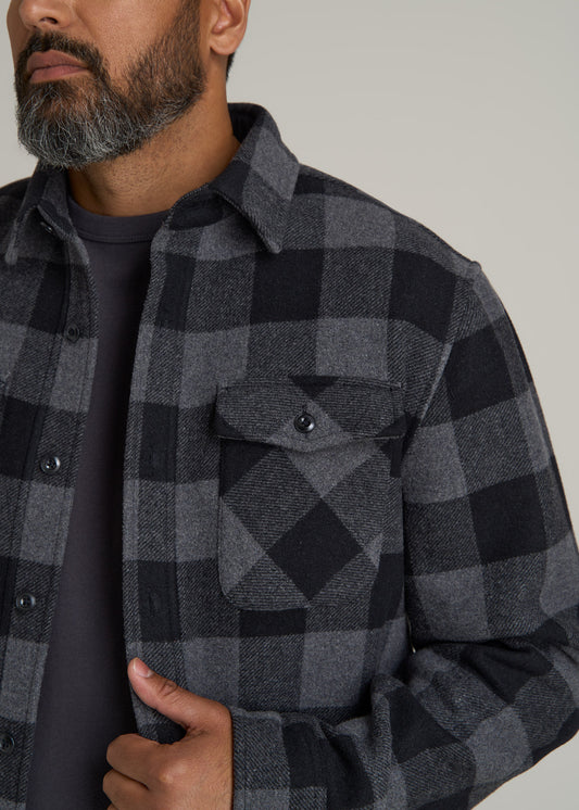 LJ&S Wool Blend Tall Men's Shirt Jacket in Black and Grey Check