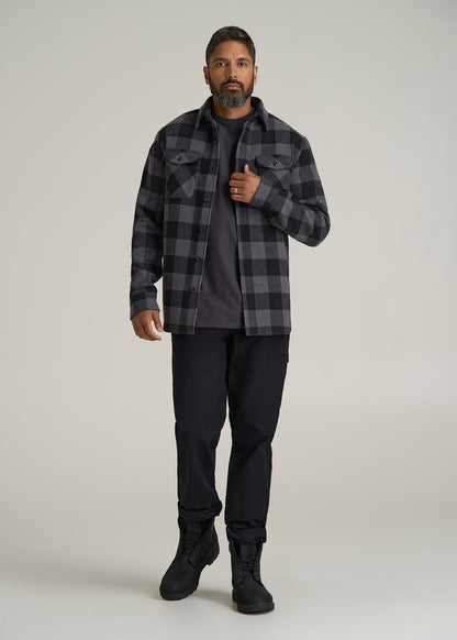 LJ&S Wool Blend Shirt Jacket for Tall Men in Black and Grey Check