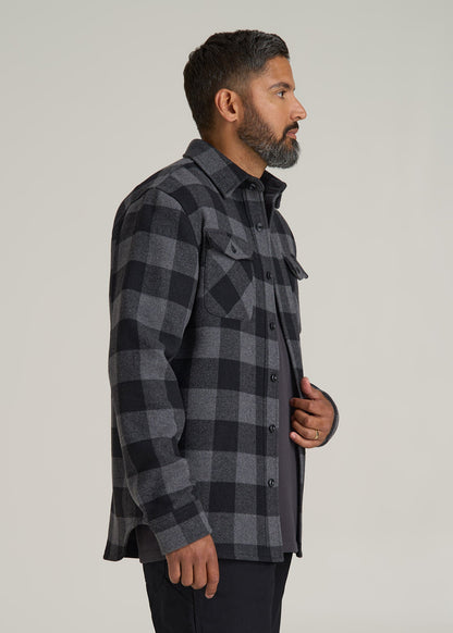 LJ&S Wool Blend Shirt Jacket for Tall Men in Black and Grey Check