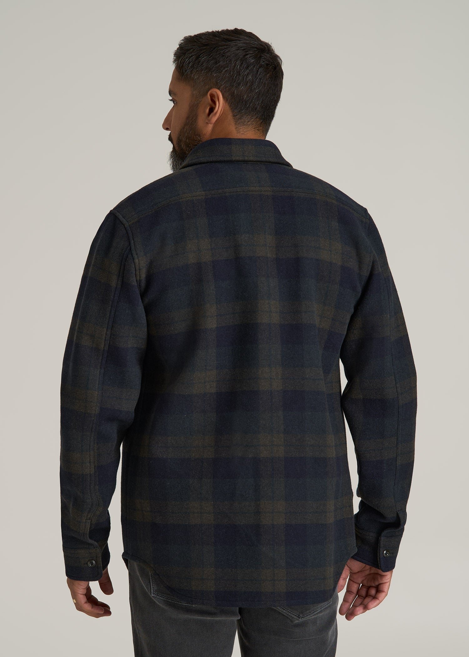 LJ&S Wool Blend Shirt Jacket for Tall Men in Green and Navy Plaid