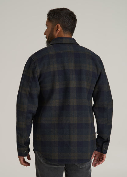 LJ&S Wool Blend Shirt Jacket for Tall Men in Green and Navy Plaid