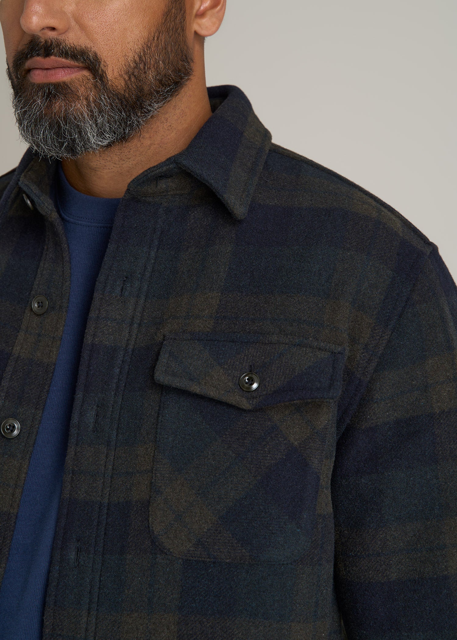 LJ&S Wool Blend Shirt Jacket for Tall Men in Green and Navy Plaid