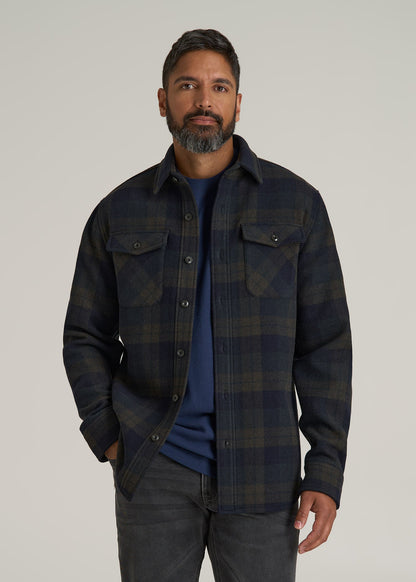 LJ&S Wool Blend Shirt Jacket for Tall Men in Green and Navy Plaid