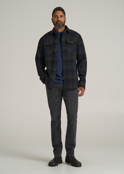 LJ&S Wool Blend Shirt Jacket for Tall Men in Green and Navy Plaid