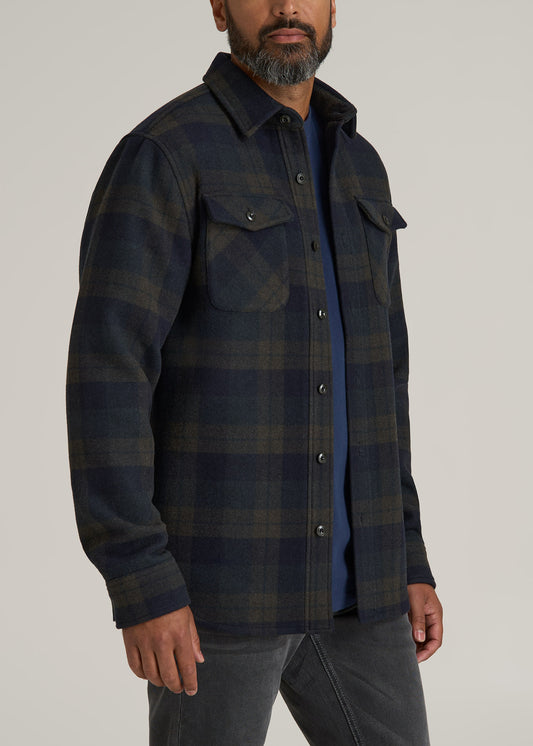 LJ&S Wool Blend Tall Men's Shirt Jacket in Green and Navy Plaid