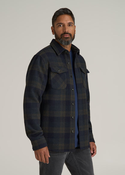 LJ&S Wool Blend Shirt Jacket for Tall Men in Green and Navy Plaid