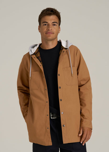 LJ&S Flannel-Lined Canvas Shirt Jacket for Tall Men in Vintage Tan