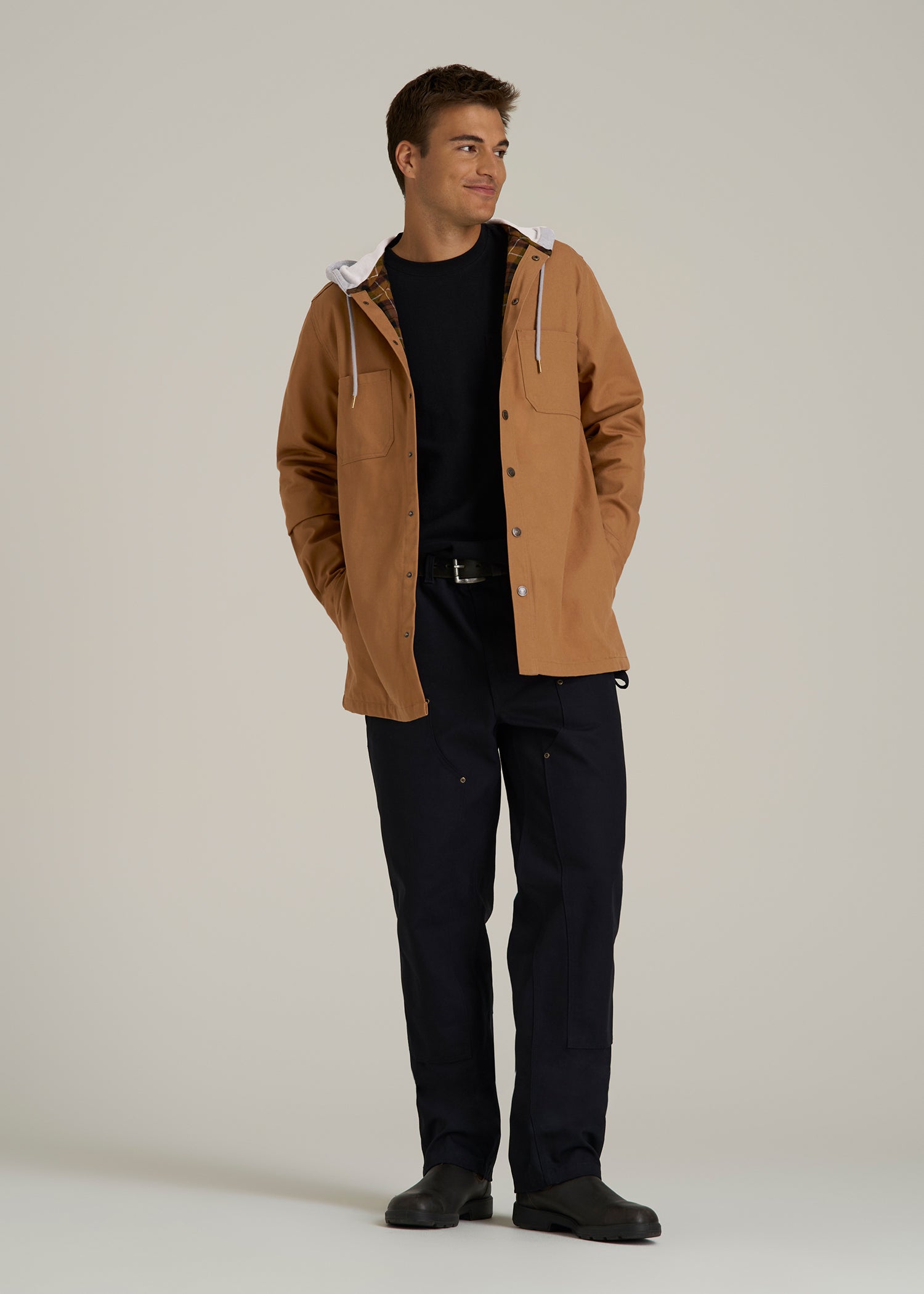 LJ&S Flannel-Lined Canvas Shirt Jacket for Tall Men in Vintage Tan