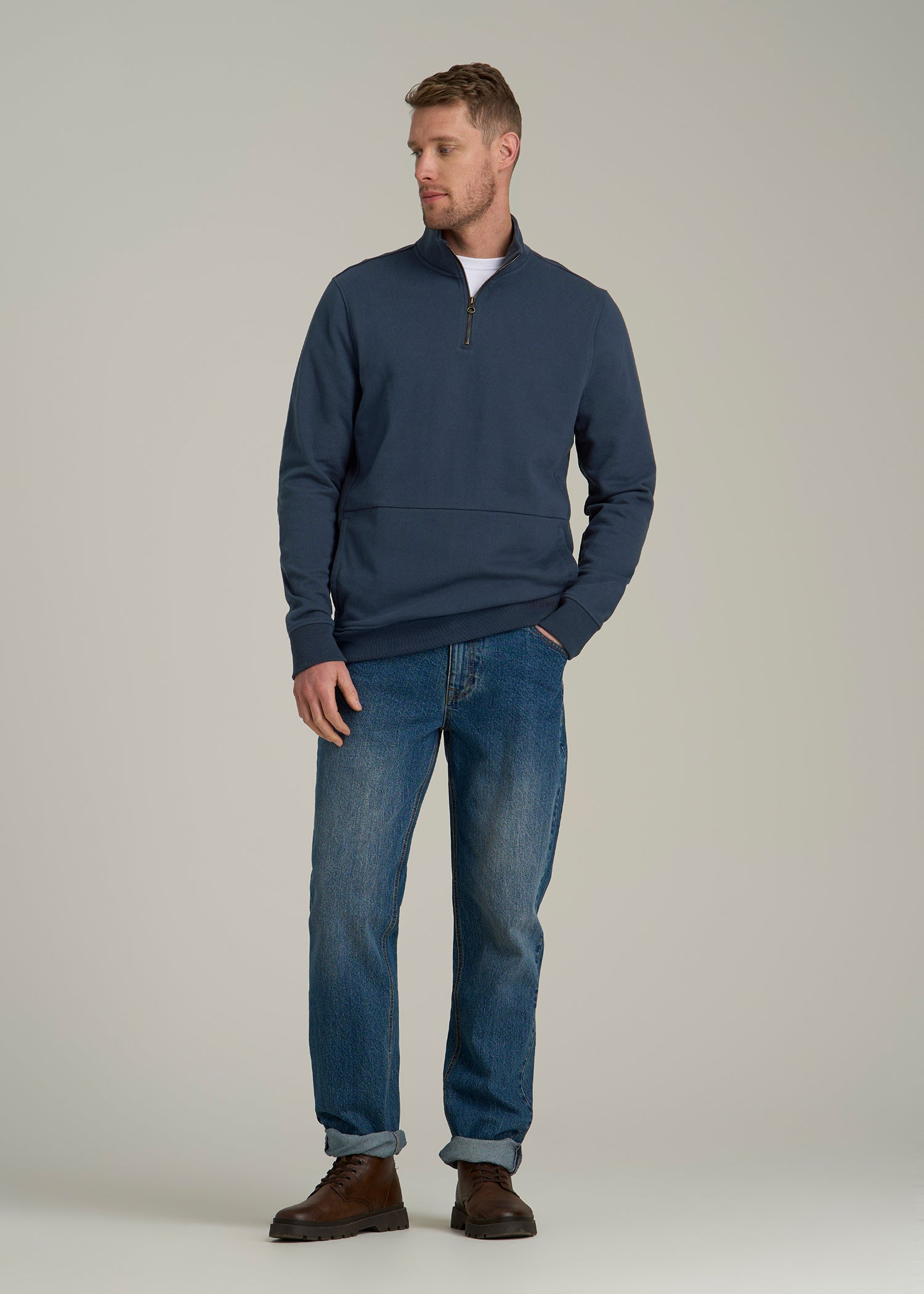 LJ&S Mens Tall French Terry Zip Pullover Vintage Navy – American Tall