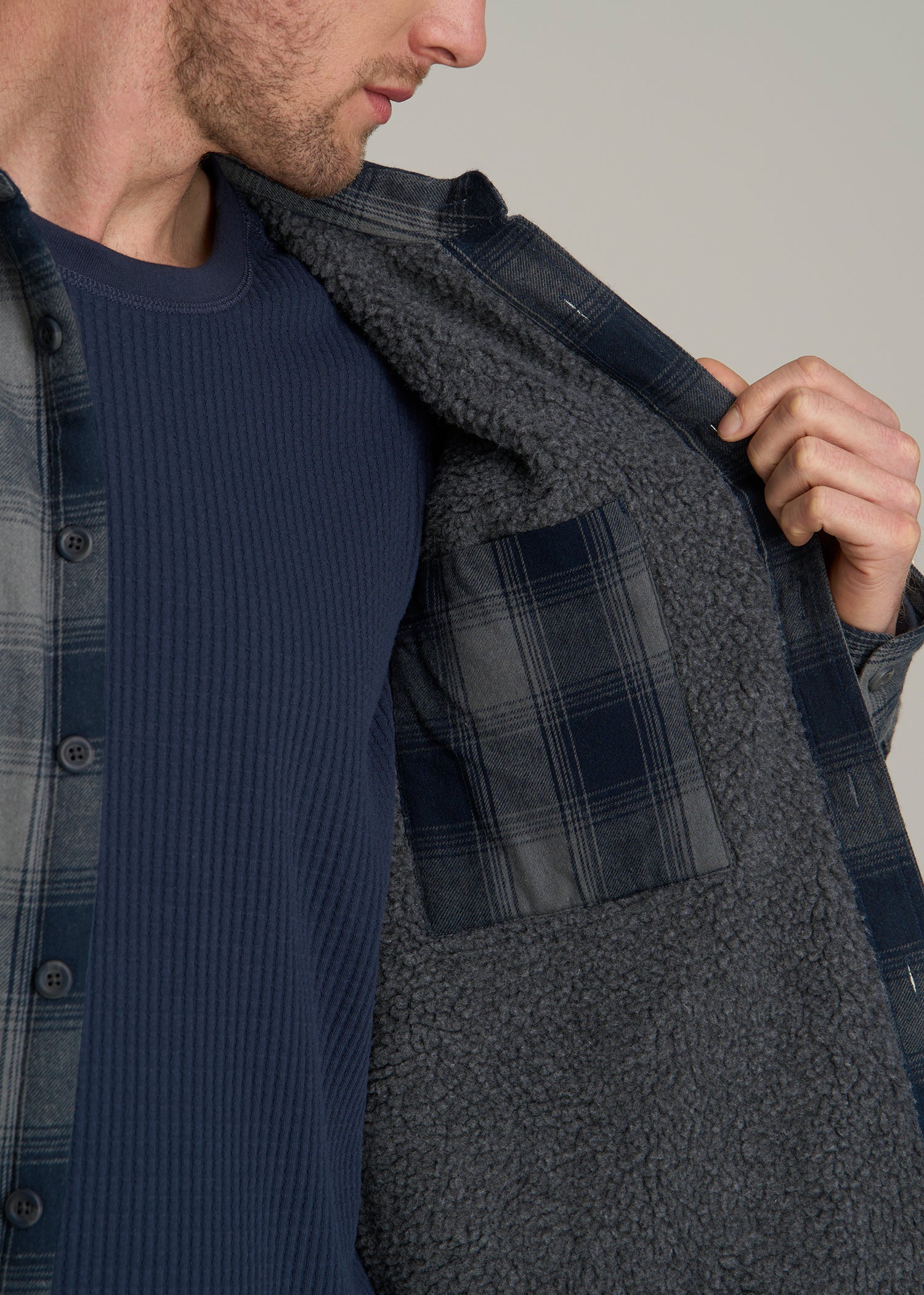 LJ&S Sherpa-Lined Shirt Jacket for Tall Men in Midnight Navy & Medium Grey Plaid