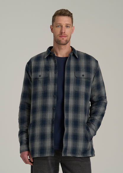 LJ&S Sherpa-Lined Shirt Jacket for Tall Men in Midnight Navy & Medium Grey Plaid