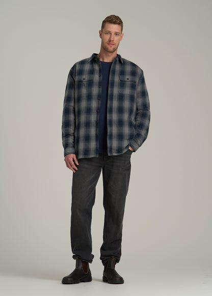 LJ&S Sherpa-Lined Shirt Jacket for Tall Men in Midnight Navy & Medium Grey Plaid