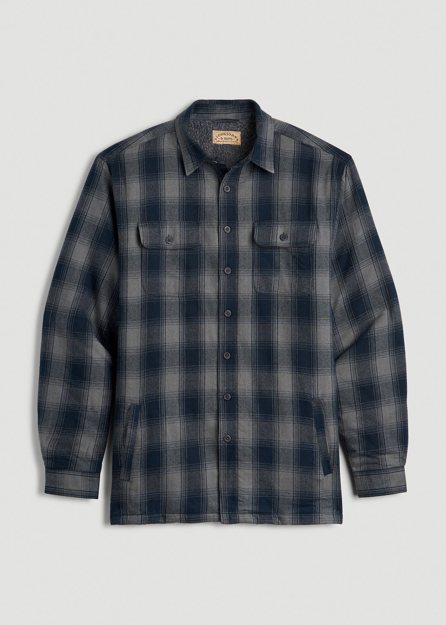 LJ&S Sherpa-Lined Shirt Jacket for Tall Men in Midnight Navy & Medium Grey Plaid