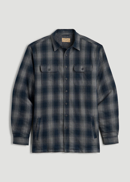 LJ&S Sherpa-Lined Shirt Jacket for Tall Men in Midnight Navy & Medium Grey Plaid