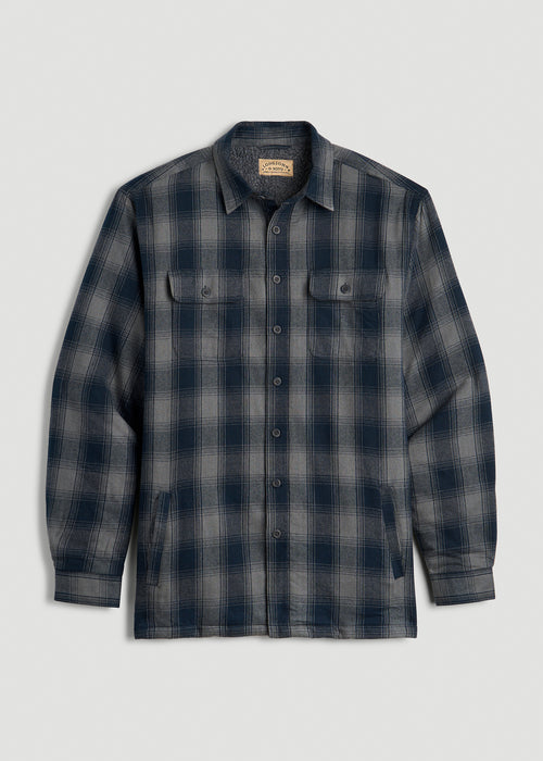 LJ&S Sherpa-Lined Shirt Jacket for Tall Men in Midnight Navy & Medium Grey Plaid