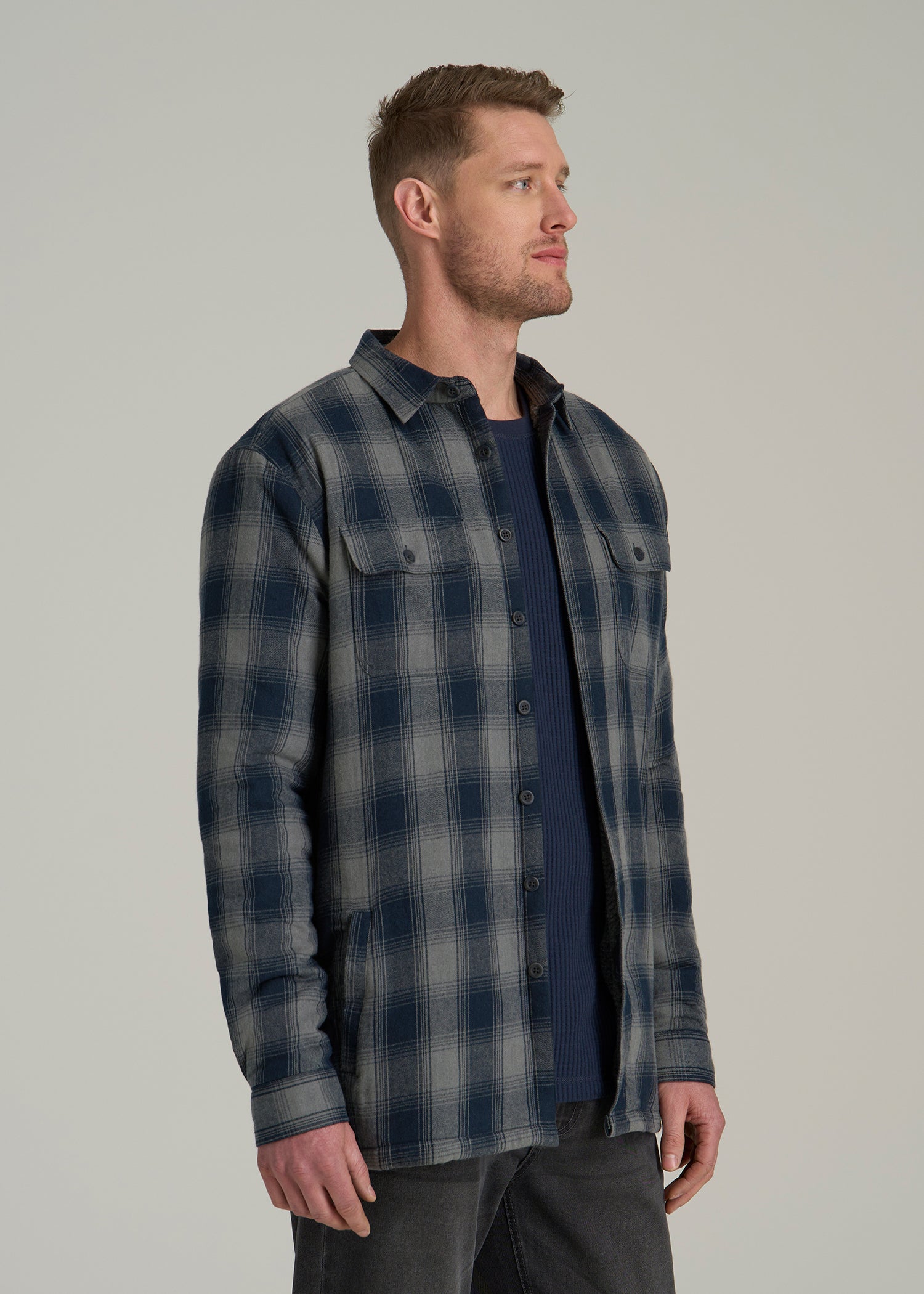 LJ&S Sherpa-Lined Shirt Jacket for Tall Men in Midnight Navy & Medium Grey Plaid