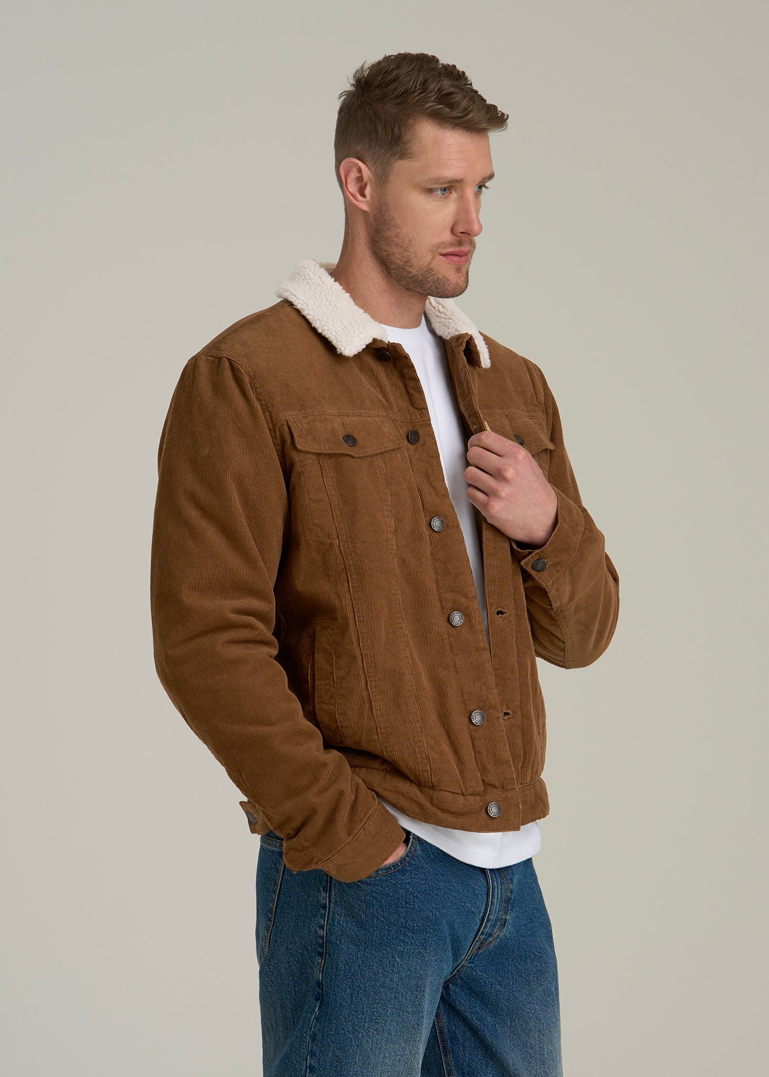 LJ&S Sherpa Corduroy Trucker Jacket for Tall Men in Tan Brown