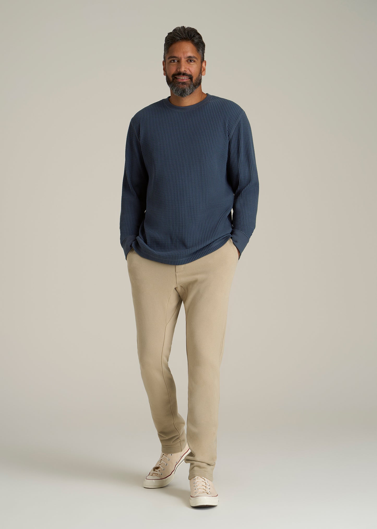 LJ&S Waffle Knit Crewneck Shirt for Tall Men in Evening Blue