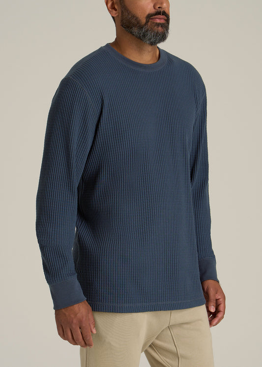 LJ&S Waffle Knit Crewneck Shirt for Tall Men in Evening Blue