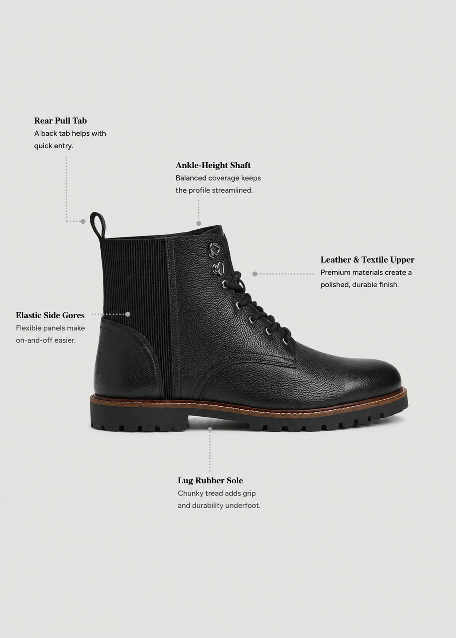 Pebbled Leather Lace-Up Boots for Tall Men in Black