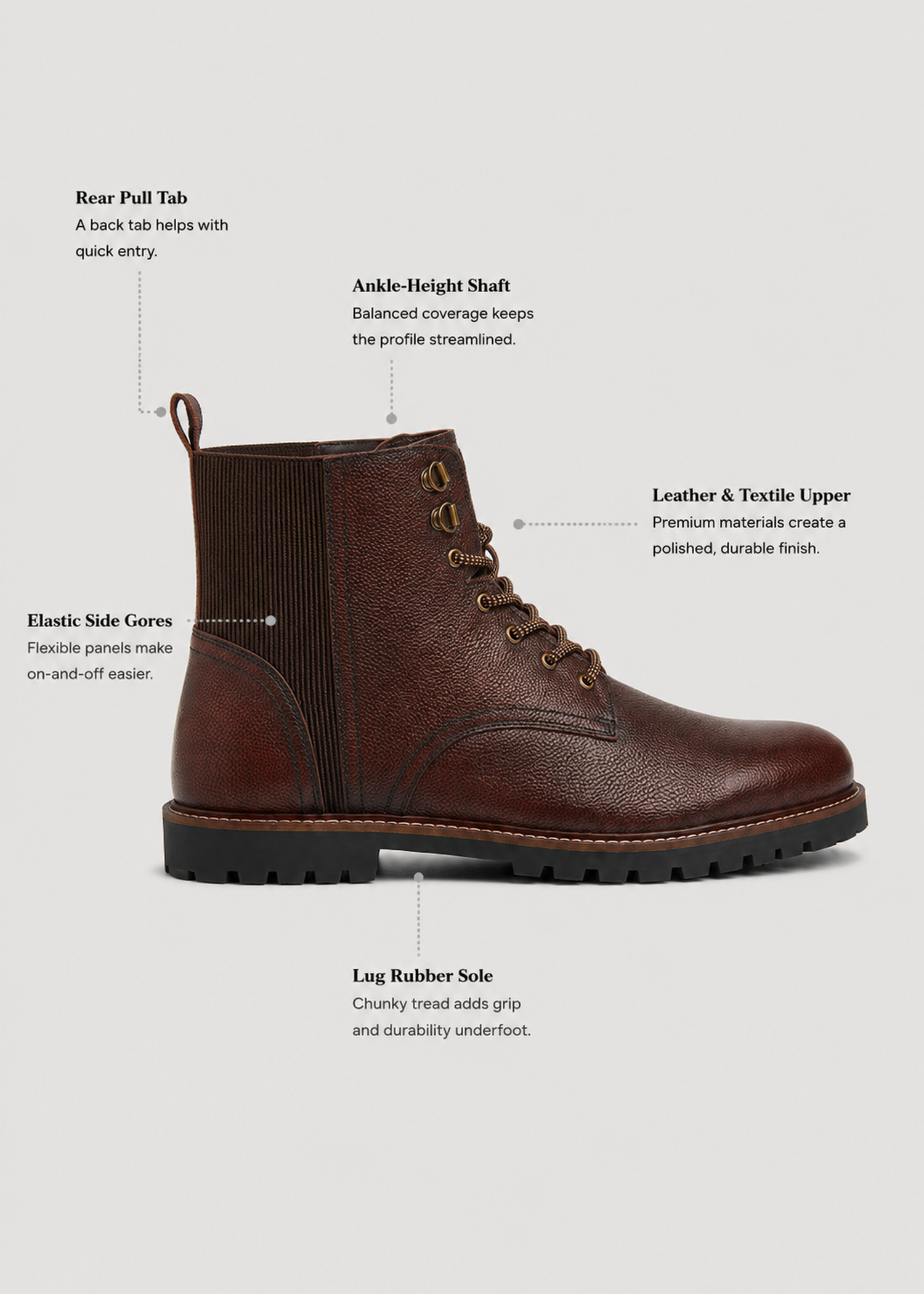 Pebbled Leather Lace-Up Boots for Tall Men in Dark Brown
