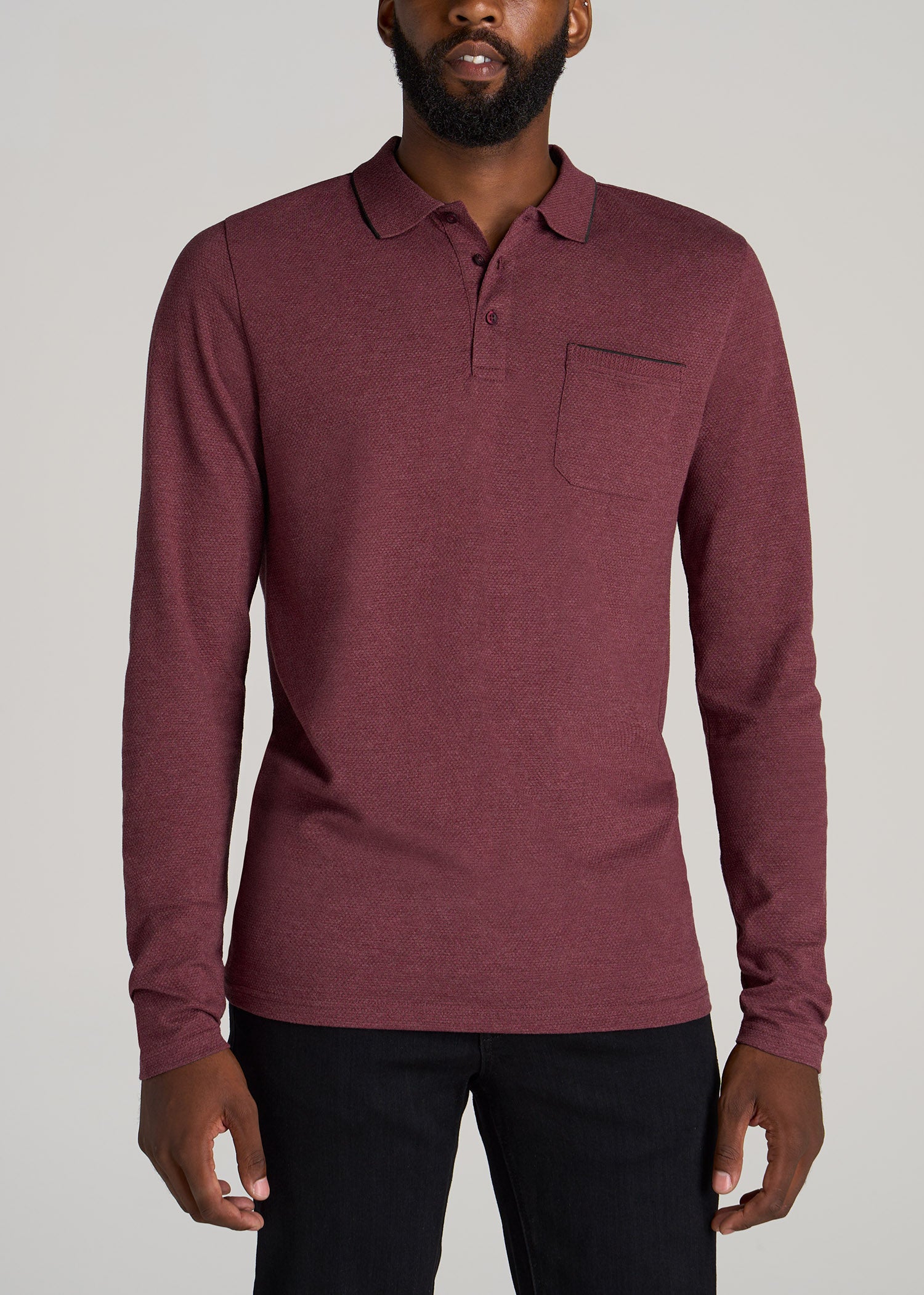    American-Tall-Men-3-Button-Placket-Polo-Shirt-Maroon-Mix-Black-front