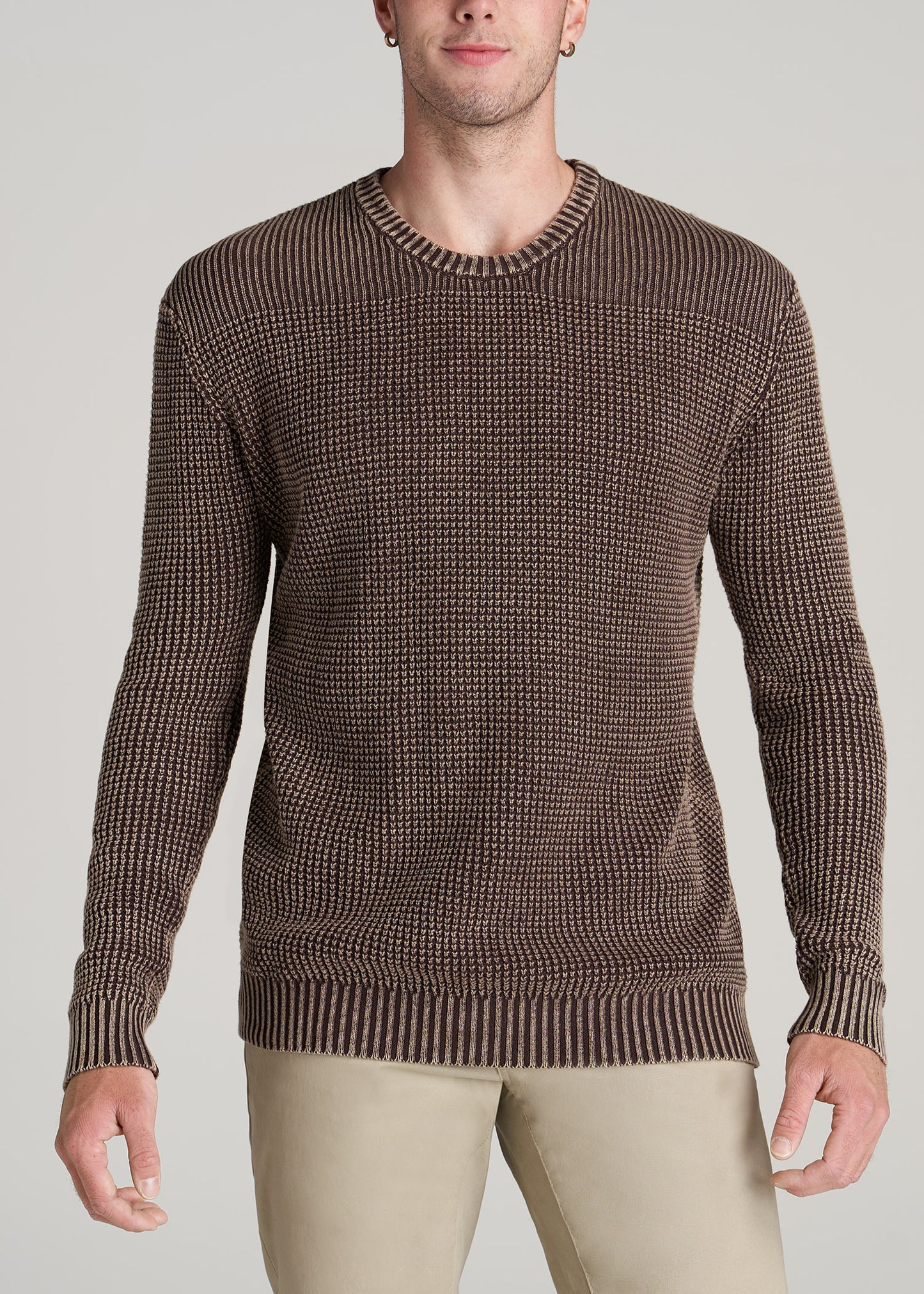 Tall guy wearing American Tall's LJ&S Acid Wash Knit Sweater in the color Dark Brown.