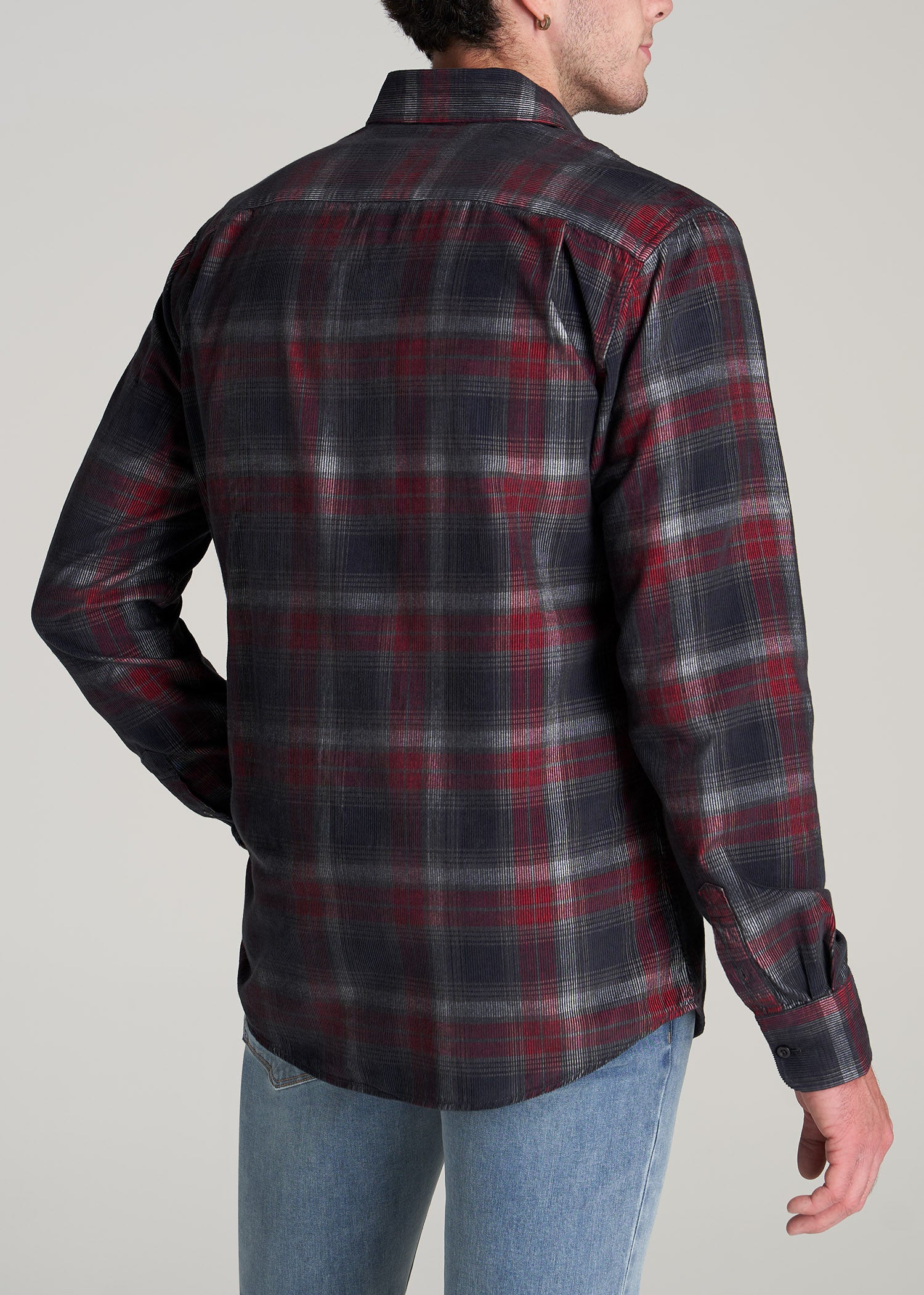       American-Tall-Men-Baby-Wale-Corduroy-Button-Shirt-Charcoal-Red-Plaid-back