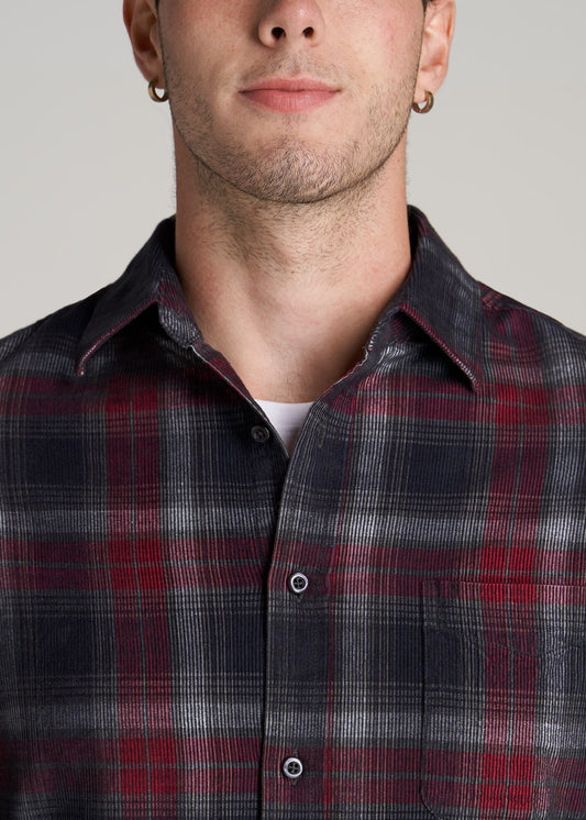    American-Tall-Men-Baby-Wale-Corduroy-Button-Shirt-Charcoal-Red-Plaid-detail