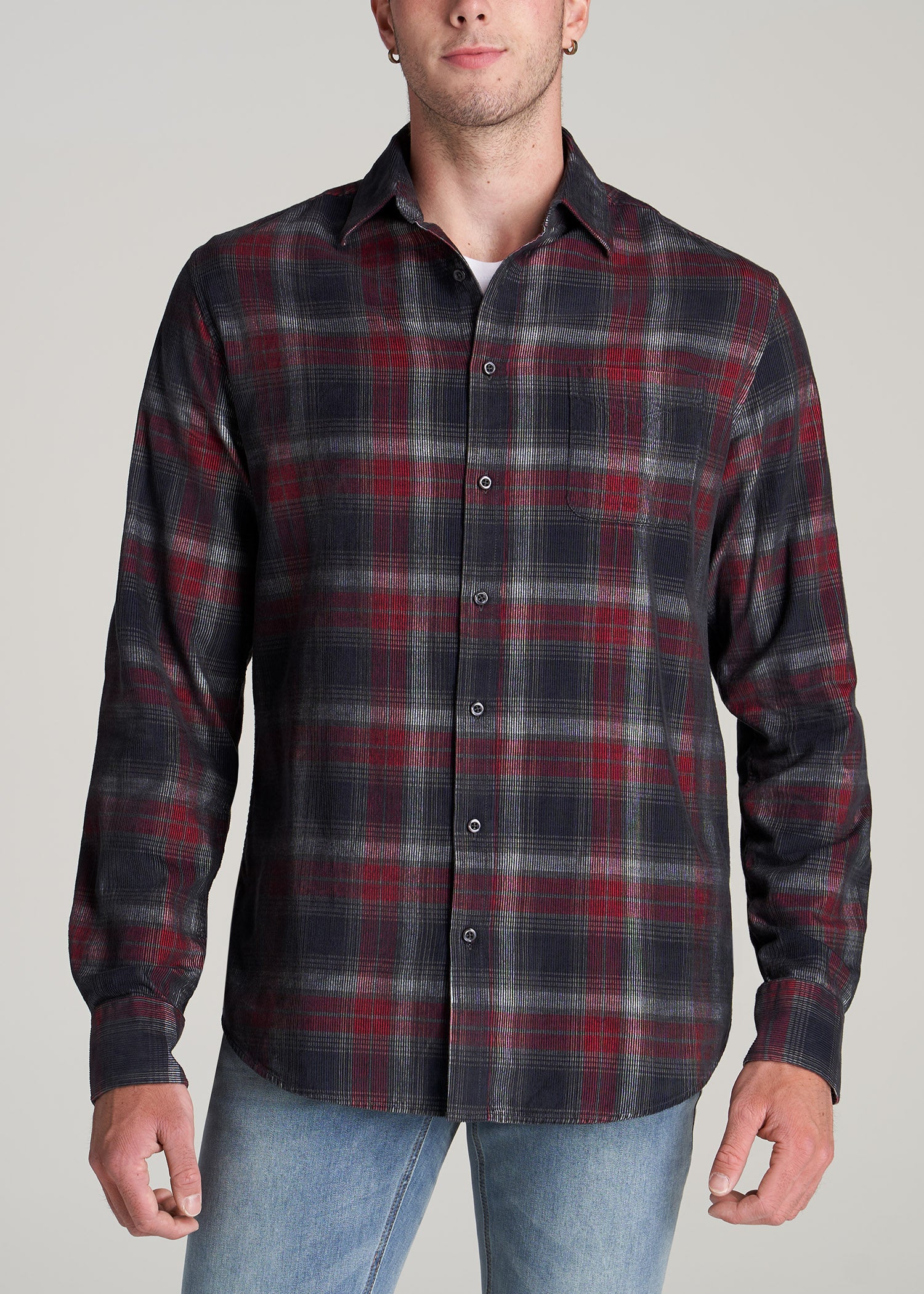       American-Tall-Men-Baby-Wale-Corduroy-Button-Shirt-Charcoal-Red-Plaid-front