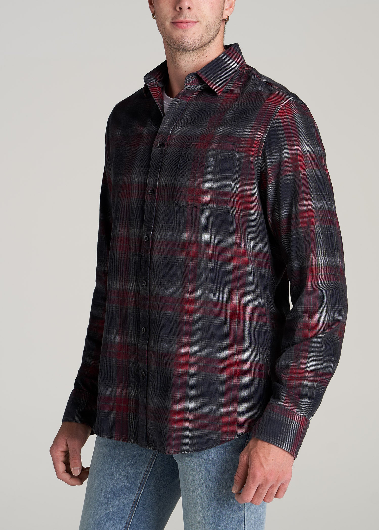    American-Tall-Men-Baby-Wale-Corduroy-Button-Shirt-Charcoal-Red-Plaid-side