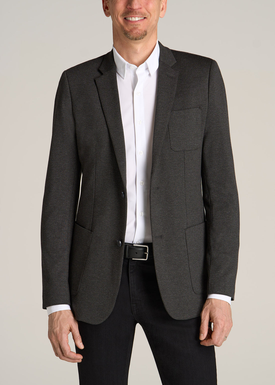 Tall guy wearing American Tall's Blazer in the color Black Silver Mix.