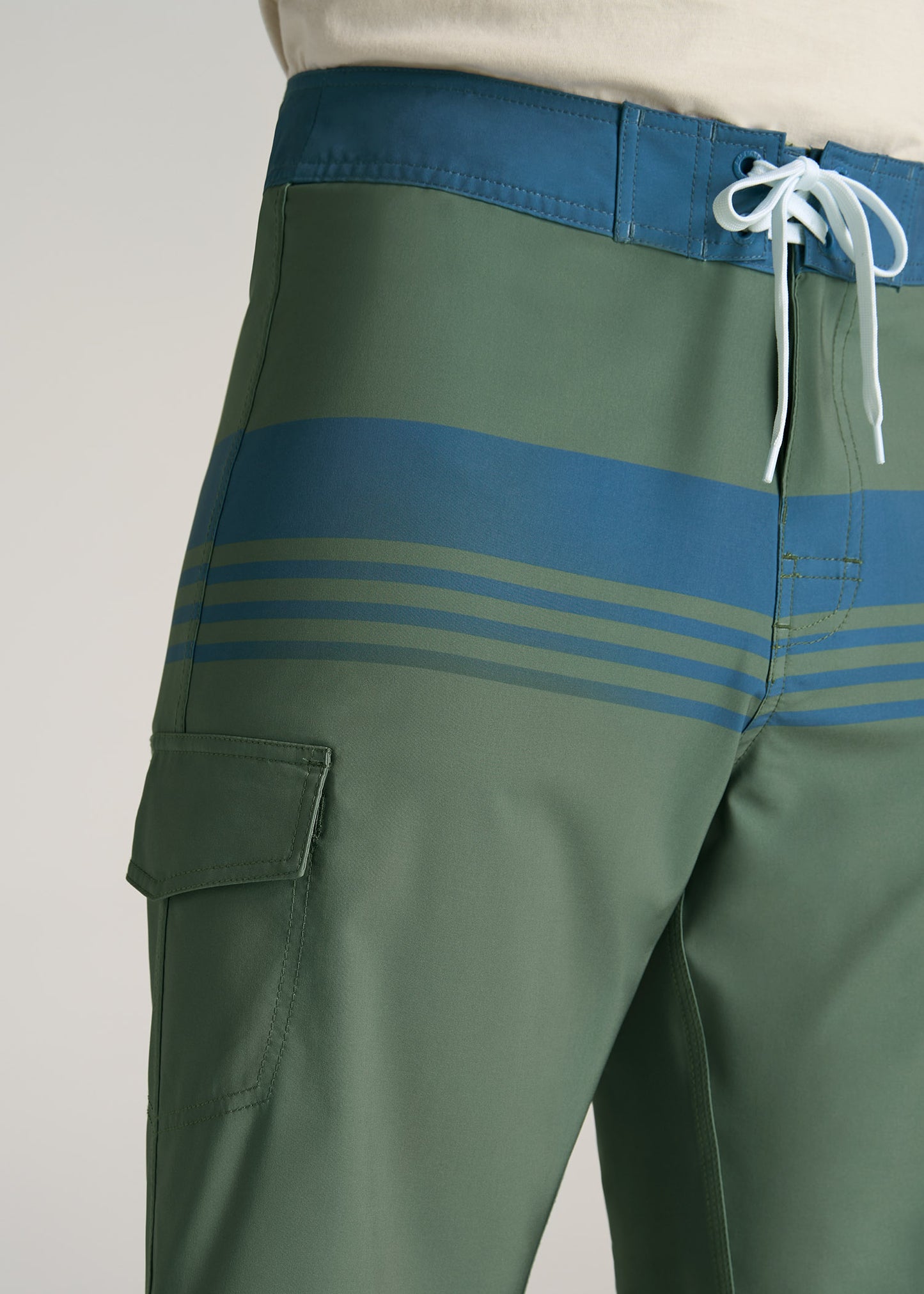    American-Tall-Men-Board-Shorts-Olive-Navy-Stripe-detail