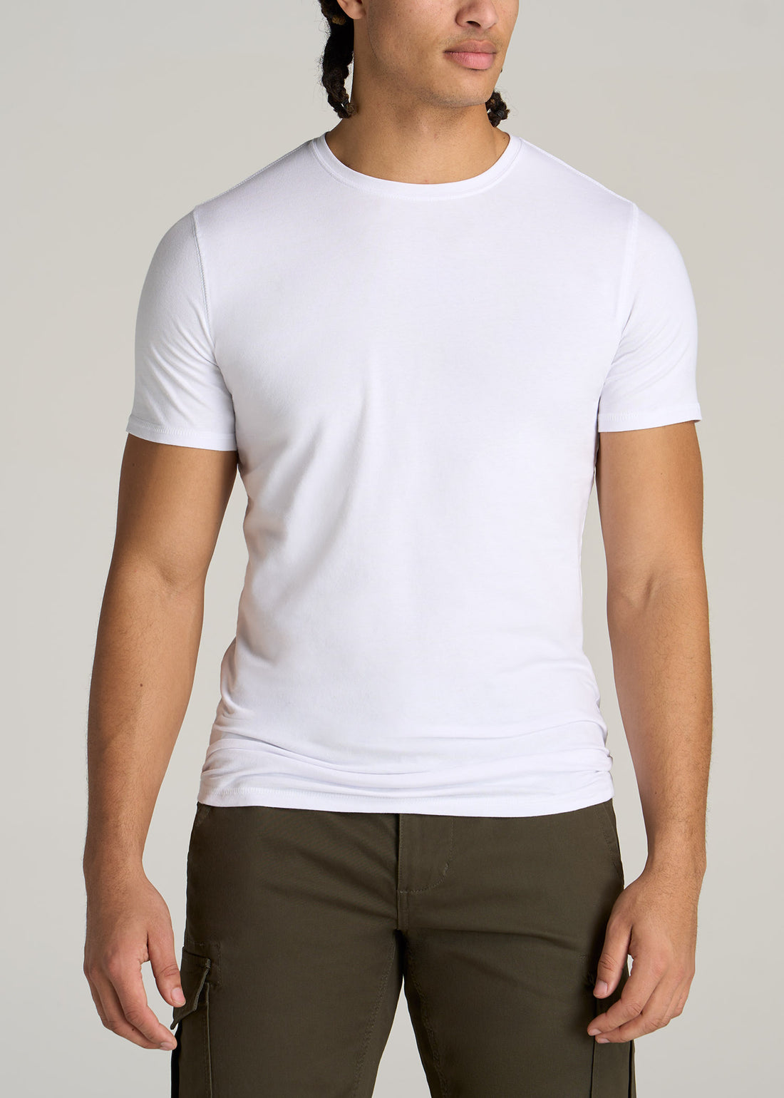 Tall man wearing American Tall's Essential Slim-Fit Crewneck Tee in the color White.
