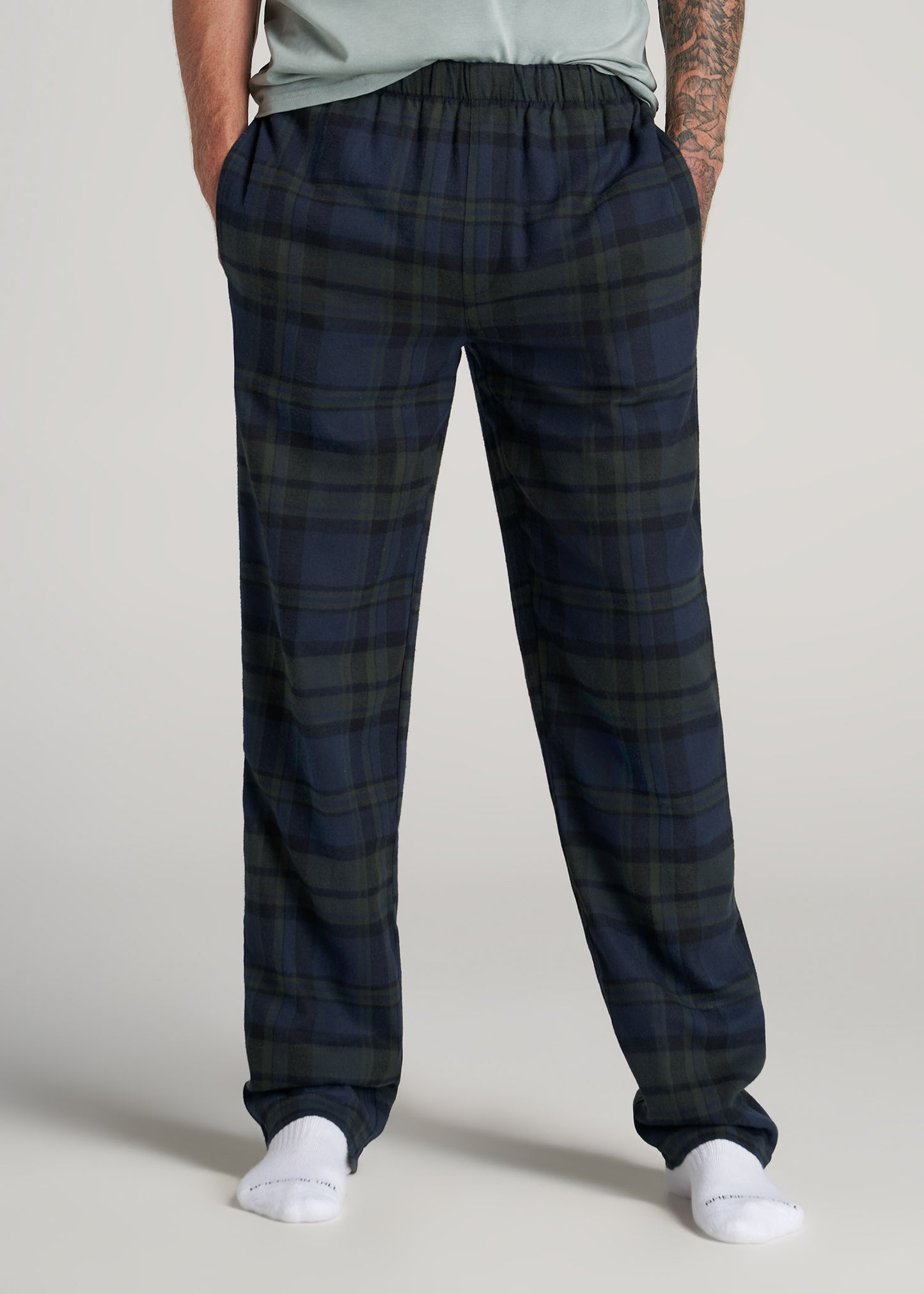 Plaid Pajama Pants for Tall Men in Olive & Dark Cobalt Plaid