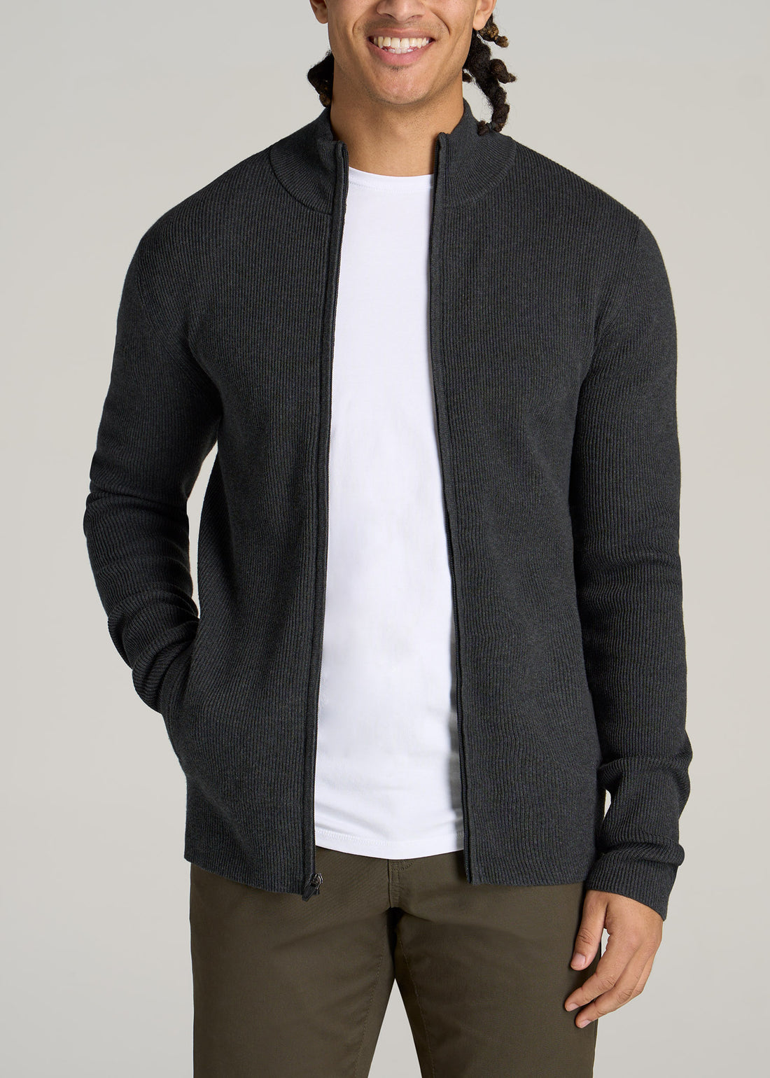 Men's Full Zip Sweater: Tall Full-Zip Charcoal Mix Sweater – American Tall