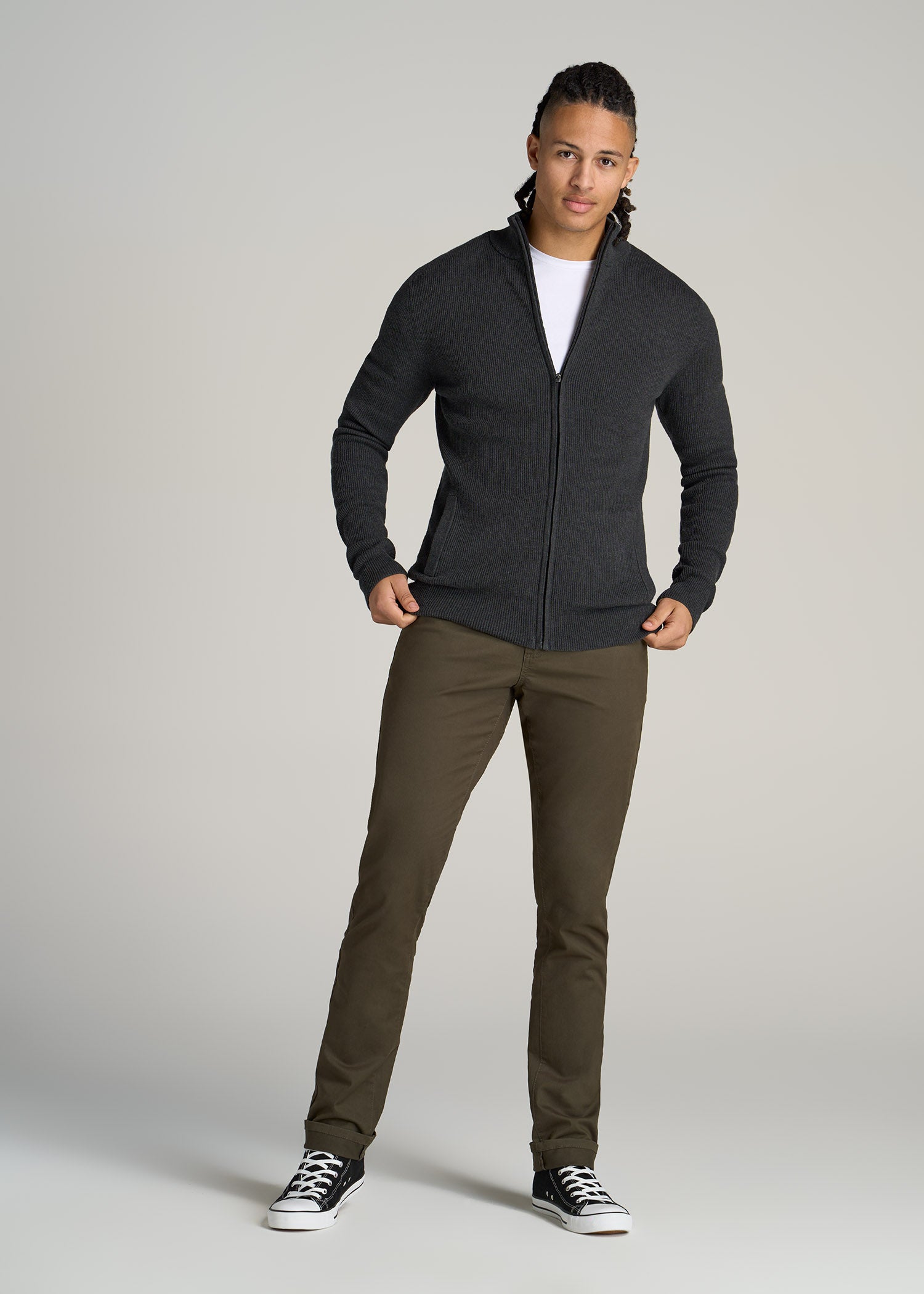 Men's Full Zip Sweater: Tall Full-Zip Charcoal Mix Sweater – American Tall