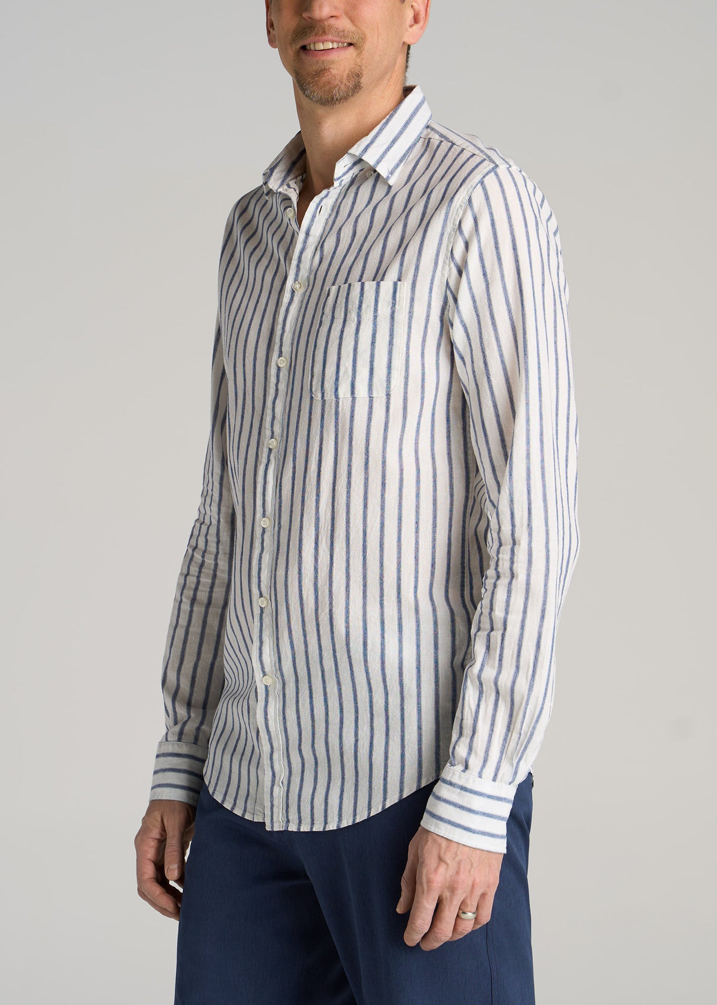 Men's Tall Linen Long Sleeve Shirt Navy Stripe | American Tall