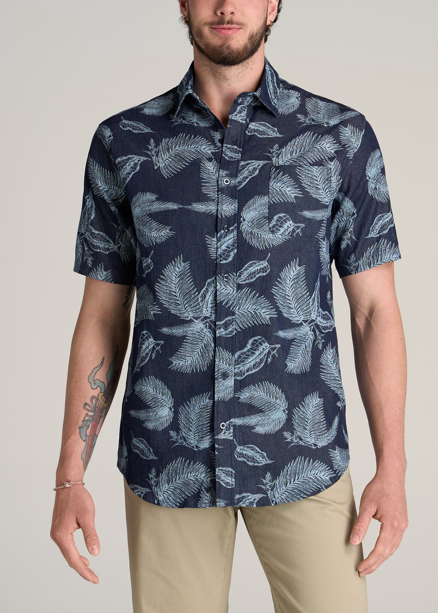 American-Tall-Men-Print-Chambray-Short-Sleeve-Button-Shirt-Dark-Grey-Palm-Print-front