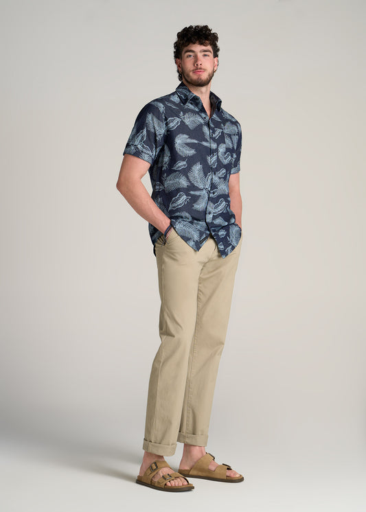 American-Tall-Men-Print-Chambray-Short-Sleeve-Button-Shirt-Dark-Grey-Palm-Print-full