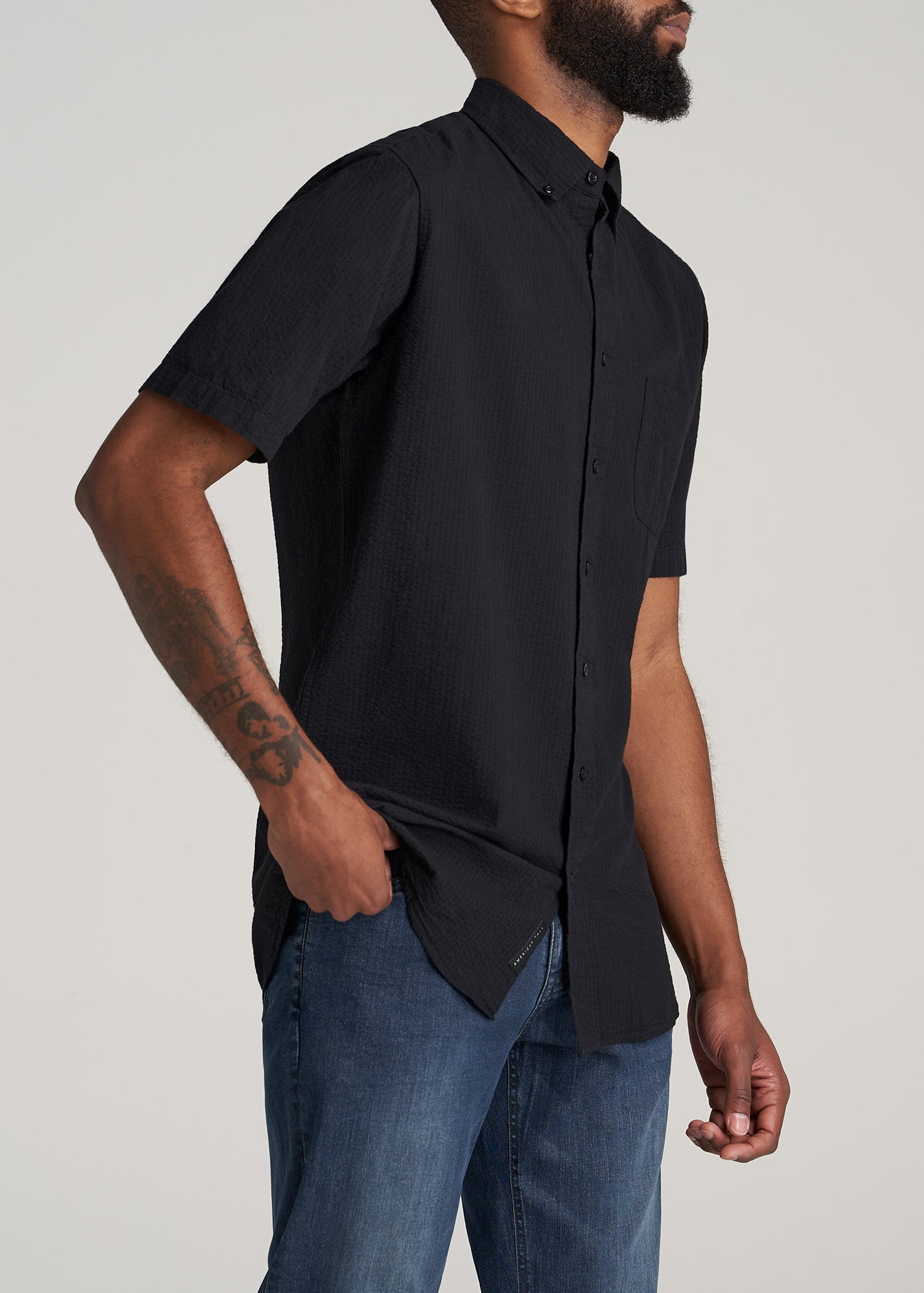 Black Seersucker Shirt: Tall Men Short Sleeve Black Shirt