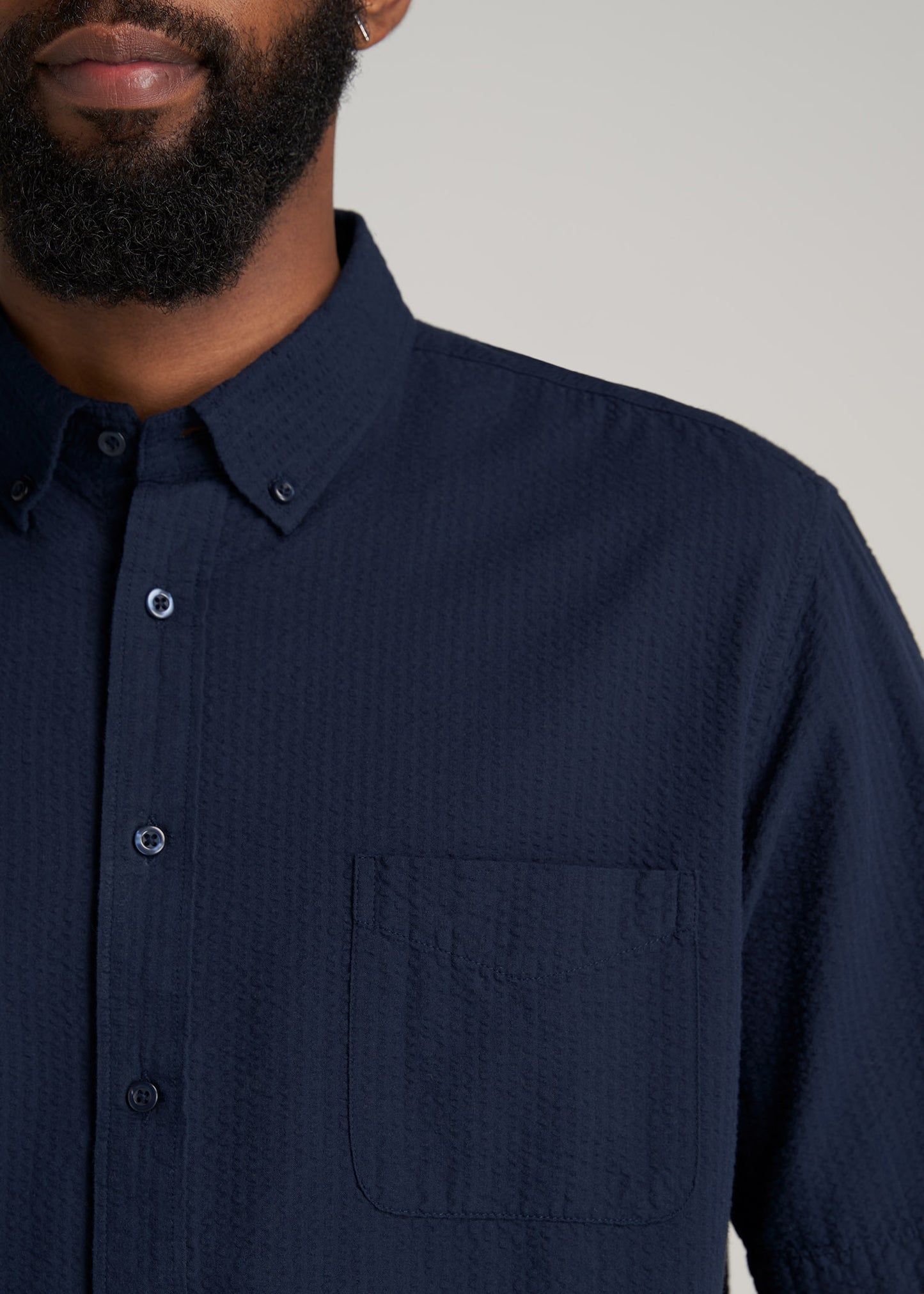 Navy Seersucker Shirt: Tall Men Short Sleeve Navy Shirt – American
