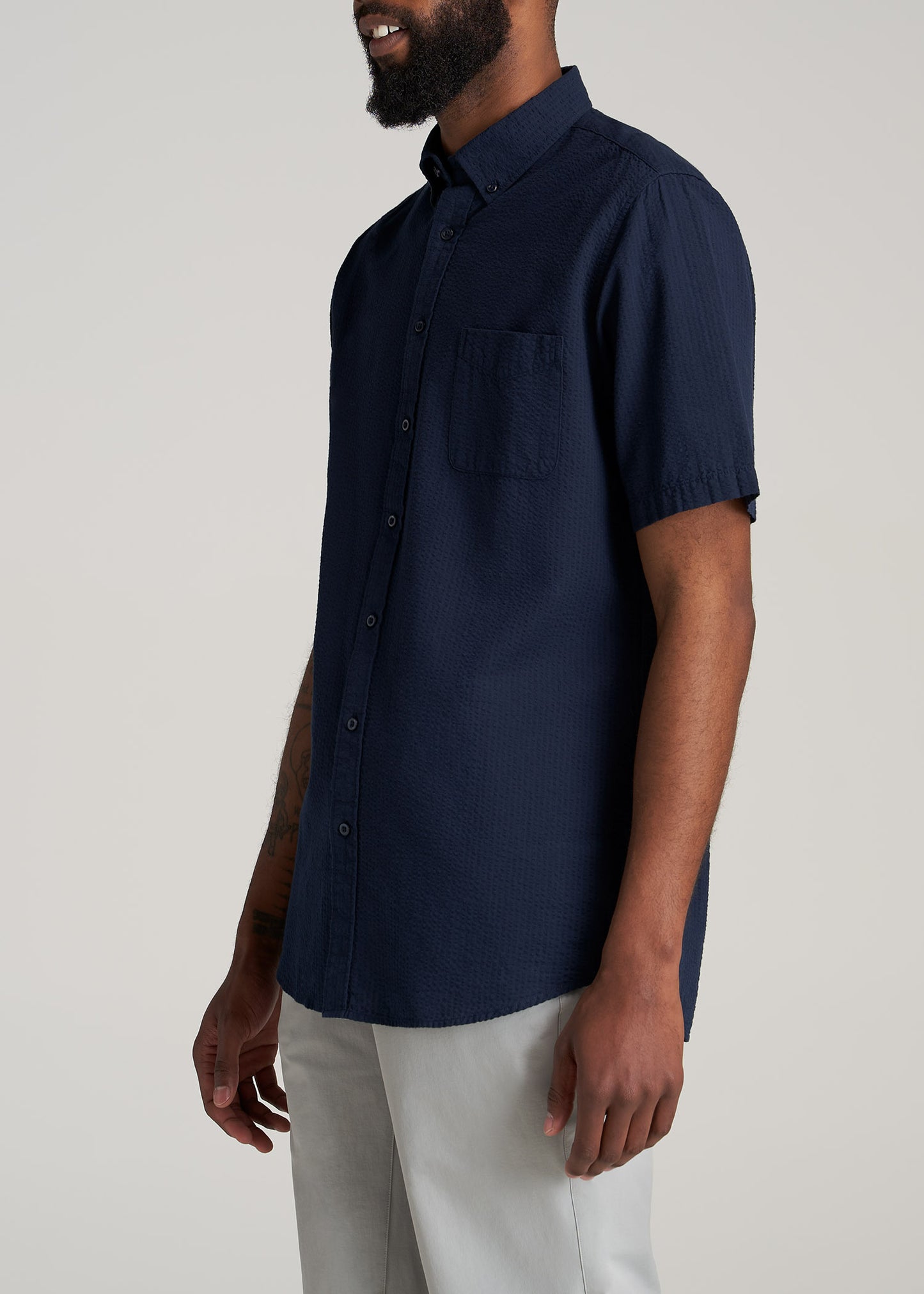 Navy Seersucker Shirt: Tall Men Short Sleeve Navy Shirt – American Tall