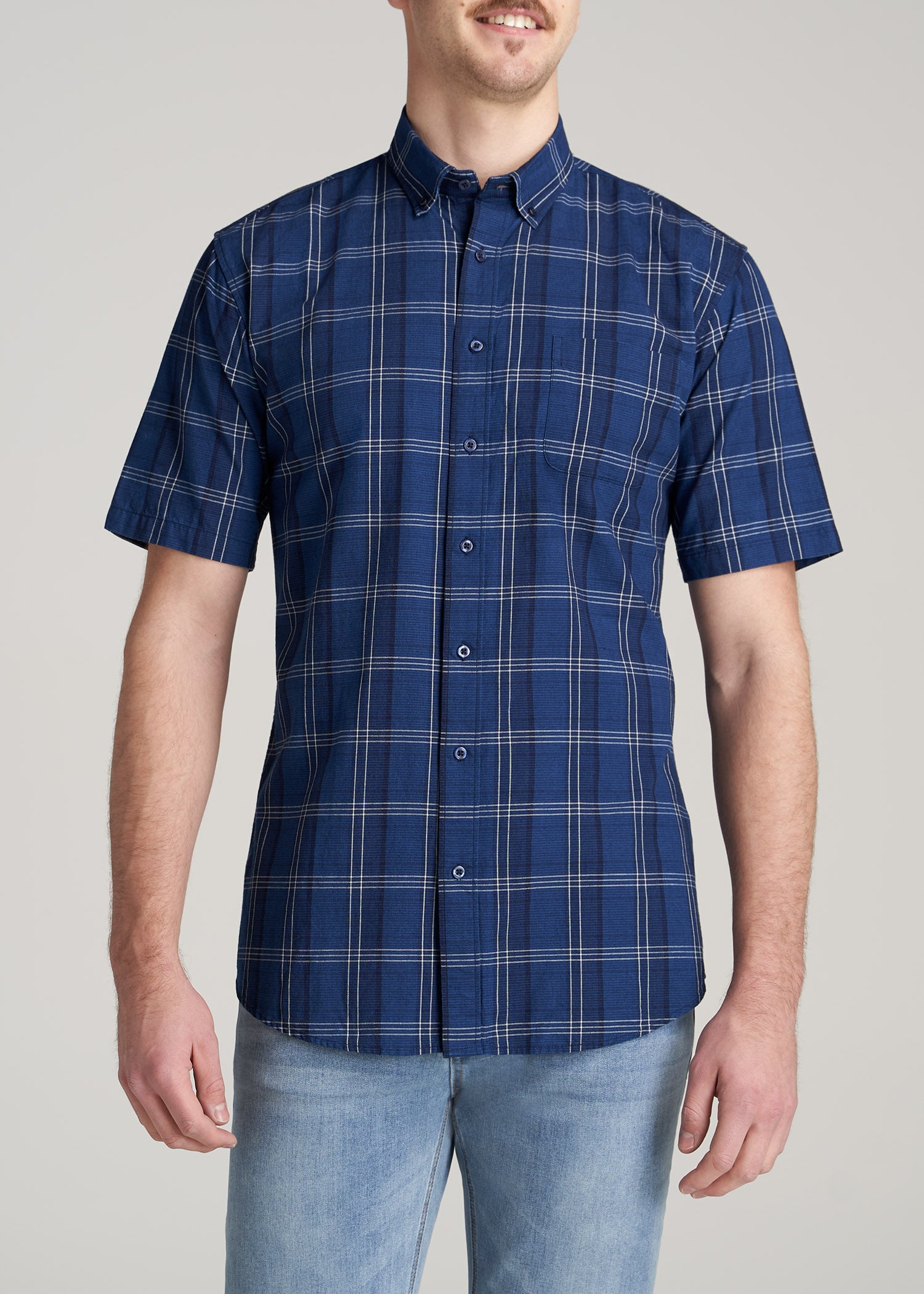    American-Tall-Men-ShortSleeve-ButtonShirt-BoldNavyIndigoPlaid-front